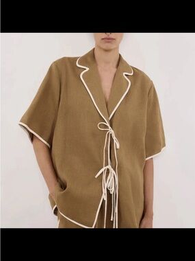 NWT $150 DISSH Von 100% Linen Tie Front Collared Shirt in Fern Brown US 4